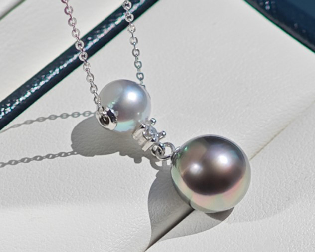 ルミナ 7-11mm タヒチアンブラックパール + アコヤ真珠ペンダント 925 シルバーネックレス ダブルパールデザイン 高光