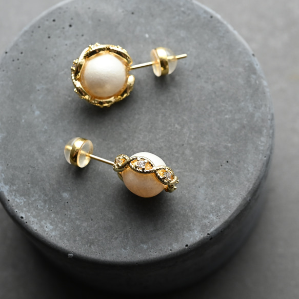 ヴィンテージサテンパールガラスとレース編みのピアス／ノンホールピアス｜サージカルステンレス／チタン変更可能　pag065 11枚目の画像