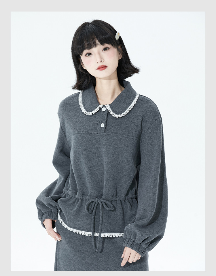 秋冬グレーレースの開襟ニット衛衣