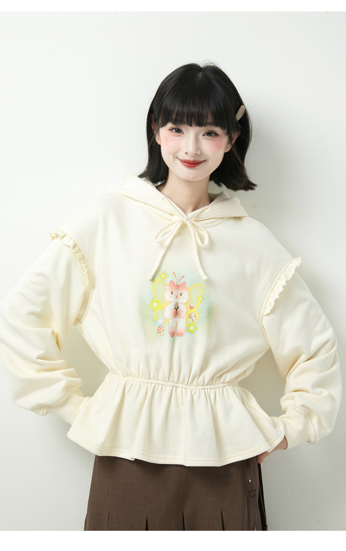 秋冬小猫プリントひだ付き波形レース継ぎ手衛衣