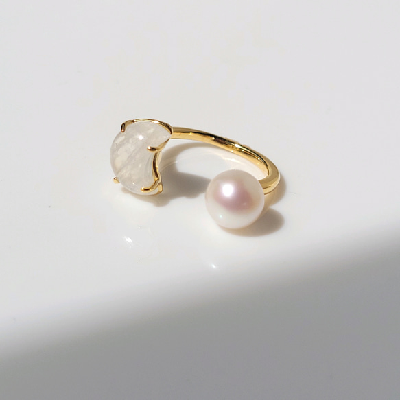 【数量限定】三日月ムーンストーンと満月パールのオープンリング　フリーサイズ 9枚目の画像