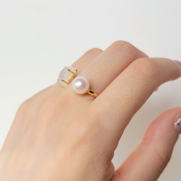 【数量限定】三日月ムーンストーンと満月パールのオープンリング　フリーサイズ 5枚目の画像