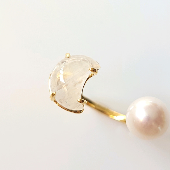 【数量限定】三日月ムーンストーンと満月パールのオープンリング　フリーサイズ 6枚目の画像