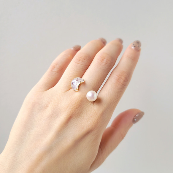 【数量限定】三日月ムーンストーンと満月パールのオープンリング　フリーサイズ 4枚目の画像