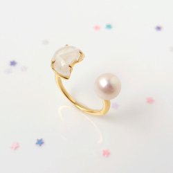 【数量限定】三日月ムーンストーンと満月パールのオープンリング　フリーサイズ 3枚目の画像