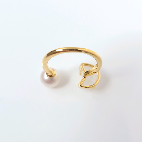 【数量限定】三日月ムーンストーンと満月パールのオープンリング　フリーサイズ 8枚目の画像