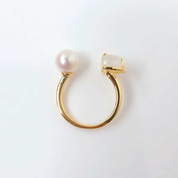 【数量限定】三日月ムーンストーンと満月パールのオープンリング　フリーサイズ 7枚目の画像
