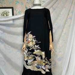 着物リメイク MLサイズ 友禅染め 黒留袖ドレス＆リボンベルト