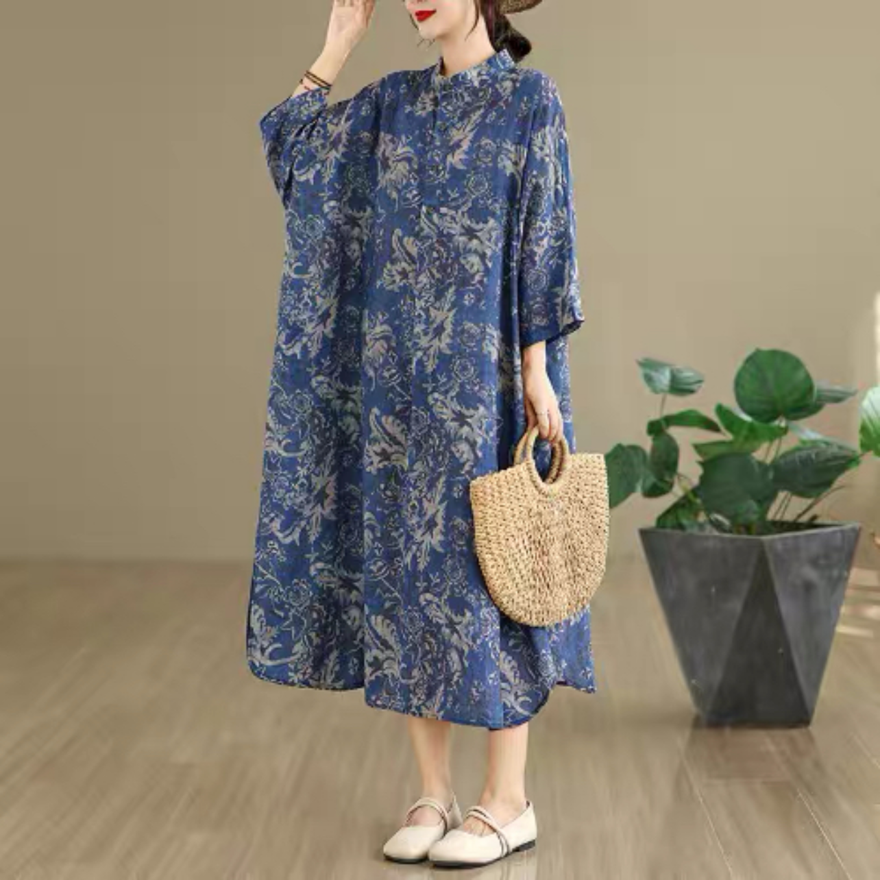 大人カジュアルワンピース 綿麻ワンピース 夏ワンピース 花柄ワンピース ﻿