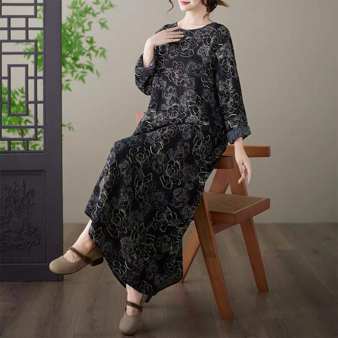 大人カジュアルワンピース 綿麻ワンピース 春秋ワンピース 花柄ワンピース ﻿