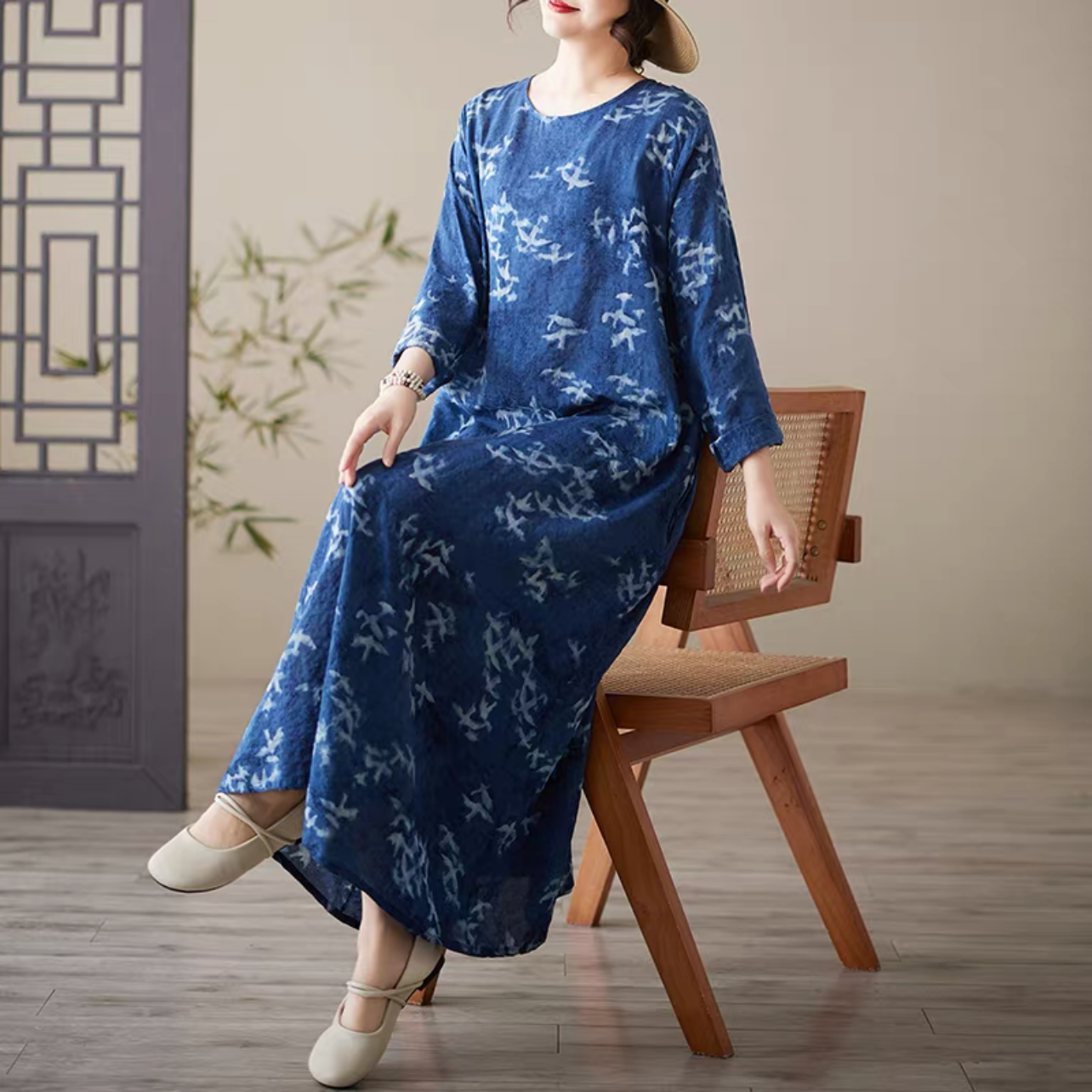 大人カジュアルワンピース 綿麻ワンピース 春秋ワンピース 花柄ワンピース ﻿