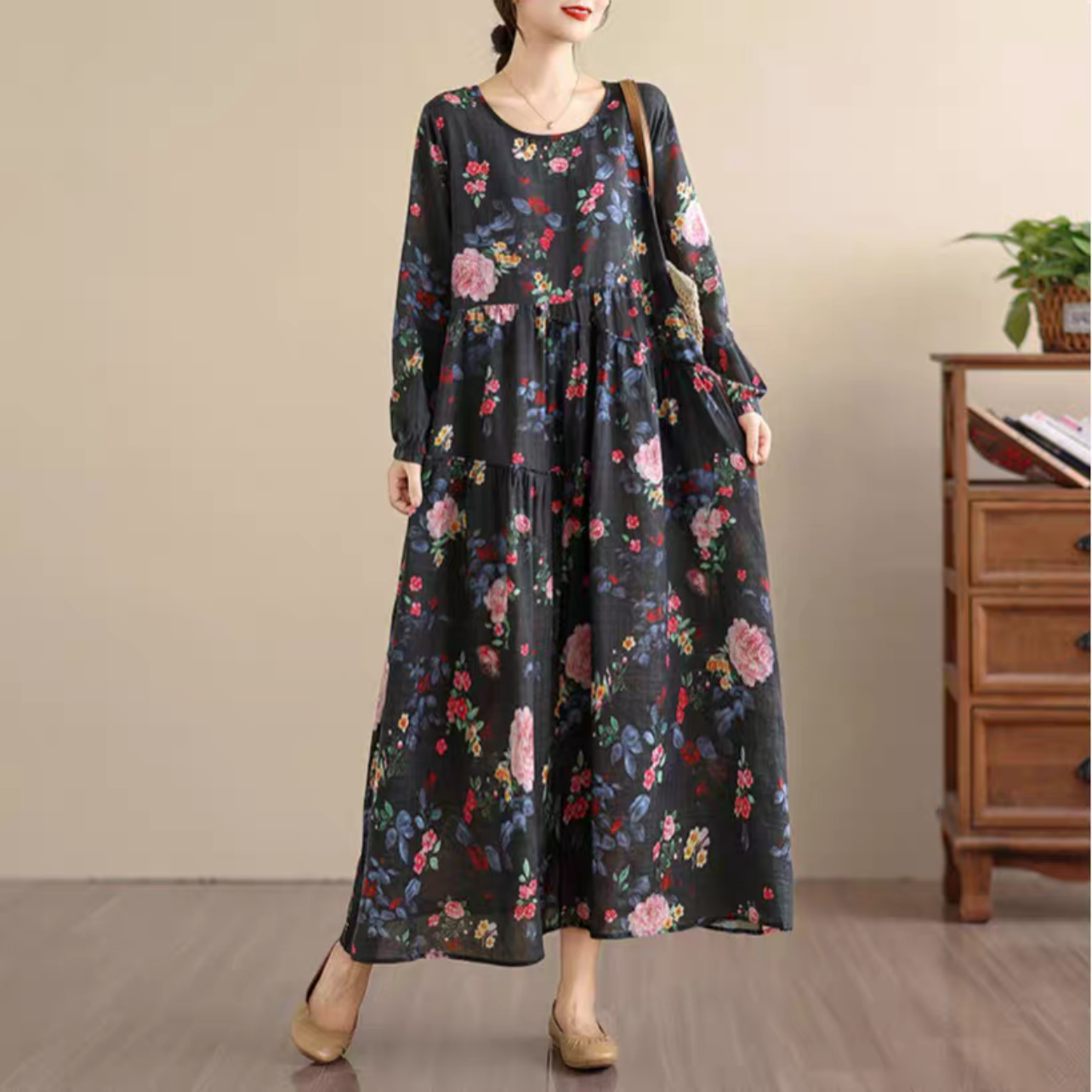 大人カジュアルワンピース 綿麻ワンピース 春秋ワンピース 花柄ワンピース ﻿