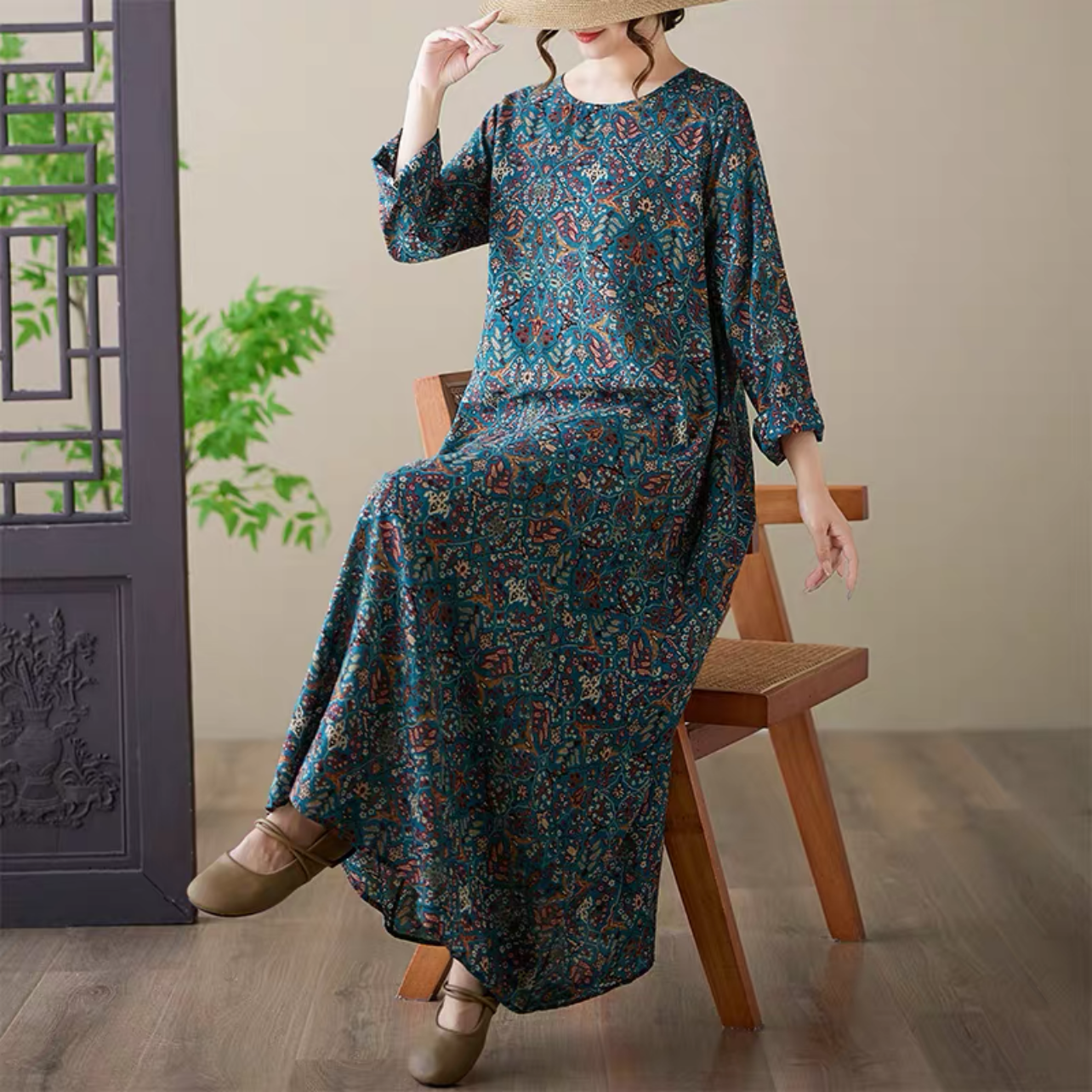 大人カジュアルワンピース 綿麻ワンピース 春秋ワンピース 花柄ワンピース ﻿