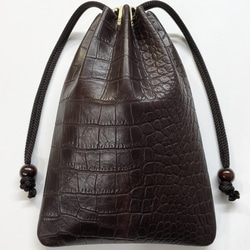 信玄袋(マチ無し、大) 、クロコダイル型押し牛革(本革)、黒 巾着バッグ