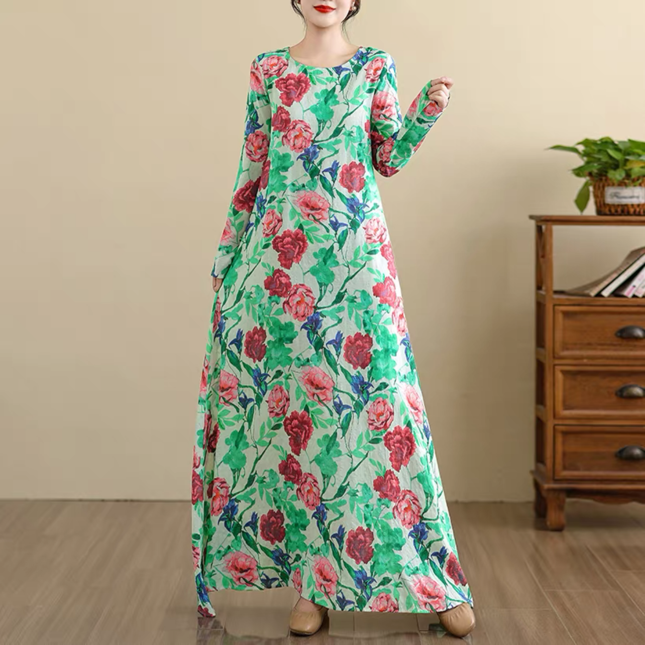 大人カジュアルワンピース 綿麻ワンピース 春秋ワンピース 花柄ワンピース ﻿