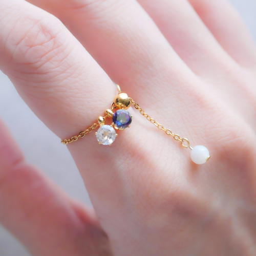 選べる二粒の誕生石チェーンリング フリーサイズ 天然石 指輪 マザー