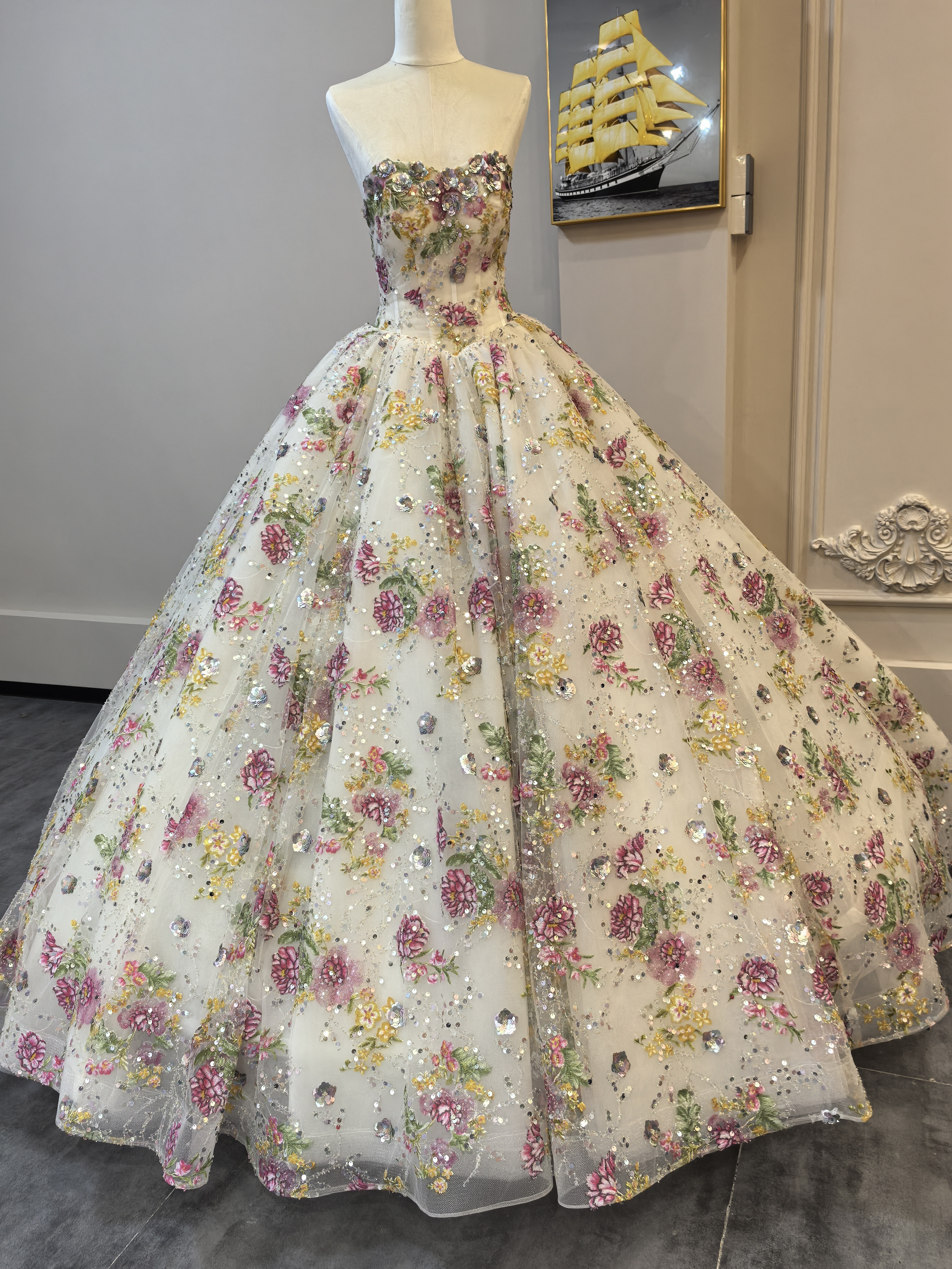 ゴージャススタイル 美しい 花レース キラキラのスパンコール カラードレス レースオーバースカートプリンセスドレK6