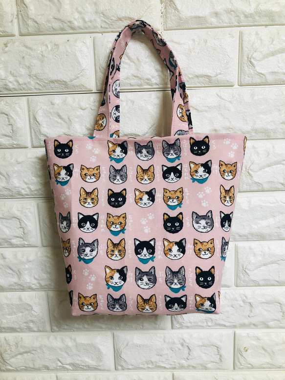 ❤️和柄ネコ柄ミニトートバッグ　ピンク❤️ 1枚目の画像