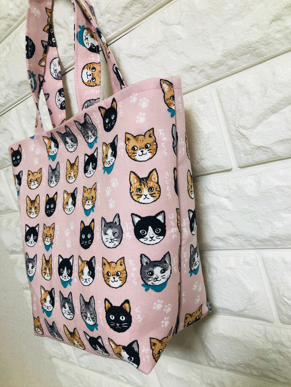 ❤️和柄ネコ柄ミニトートバッグ　ピンク❤️ 2枚目の画像