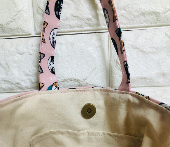 ❤️和柄ネコ柄ミニトートバッグ　ピンク❤️ 3枚目の画像