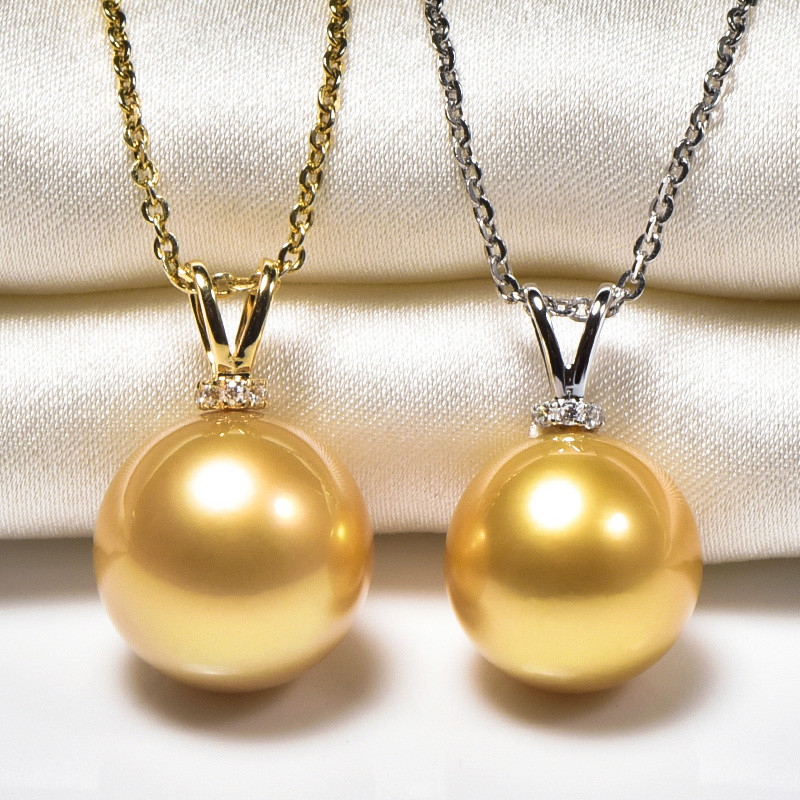 ルミナ 9-16mm 南洋ゴールドパールペンダント、ラウンド海水パール、18Kゴールド、オリジナルカラー、無染色、高光沢ラビット