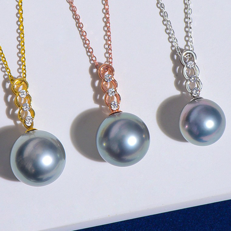 ルミナ9-14mm天然タヒチ黒真珠ペンダント、18Kゴールドネックレス、プラチナグレートーン、完璧なラウンド、強い光、高貴でエレ