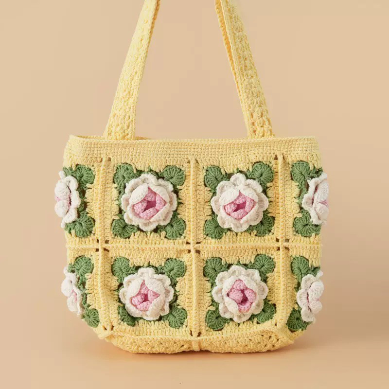 毛糸 手作り 手編み 大容量 手提げバッグ トートバッグ 誕生日 プレゼント【レトロカラー｜白い椿の花12輪】1点
