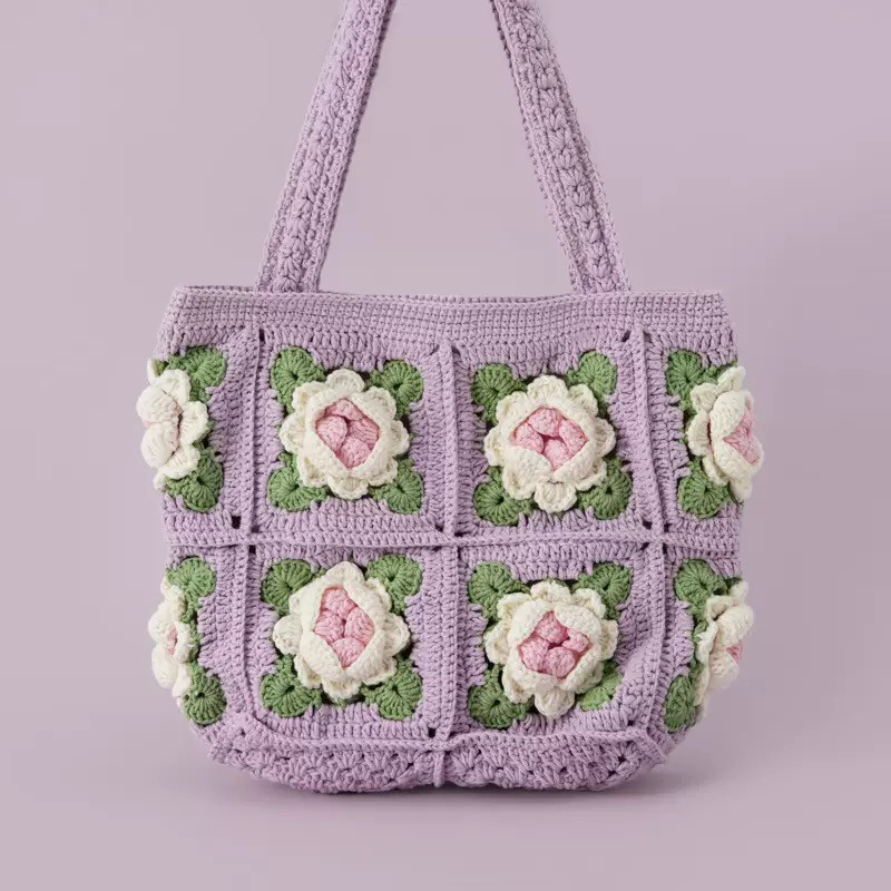 毛糸 手作り 手編み 大容量 手提げバッグ トートバッグ 誕生日 プレゼント【レトロカラー｜白い椿の花12輪】1点