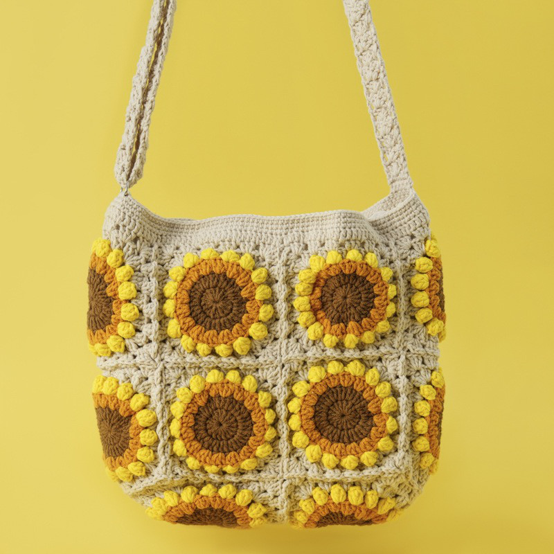 毛糸 手作り 手編み 大容量 手提げバッグ トートバッグ 誕生日 プレゼント【向日葵14個】1点