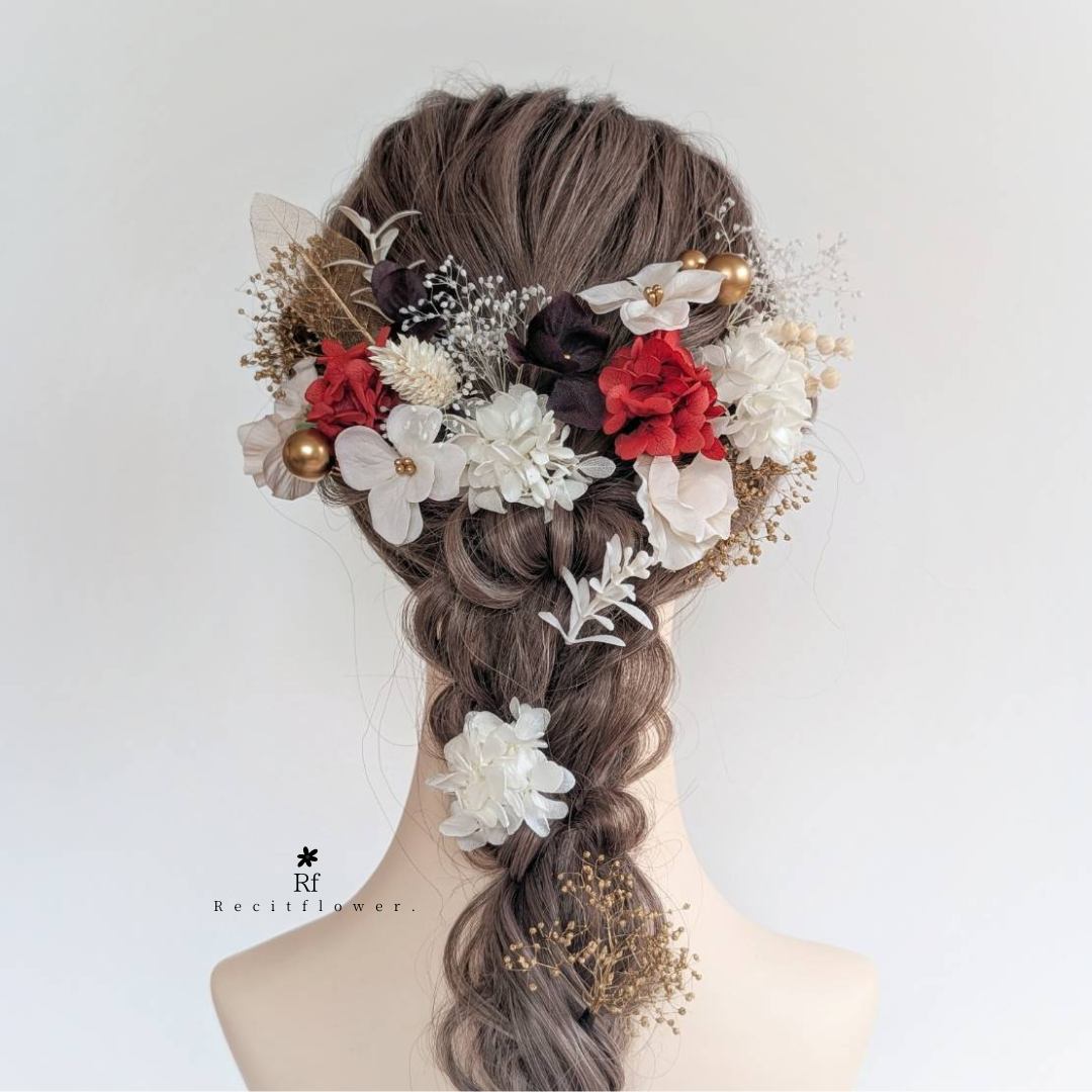 成人式 卒業式 結婚式 七五三 ドライフラワー 髪飾り 白 ゴールド 赤 RC216