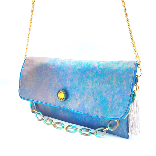 メタリックブルー グラデーション正絹帯リメイク サコッシュ ポシェット