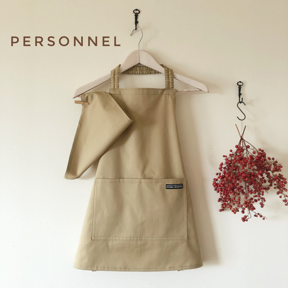 キッズエプロン 1人で着れる 子どもエプロン 140 子供エプロン 男の子エプロン 女の子エプロン 三角巾 モカベージュ 1枚目の画像