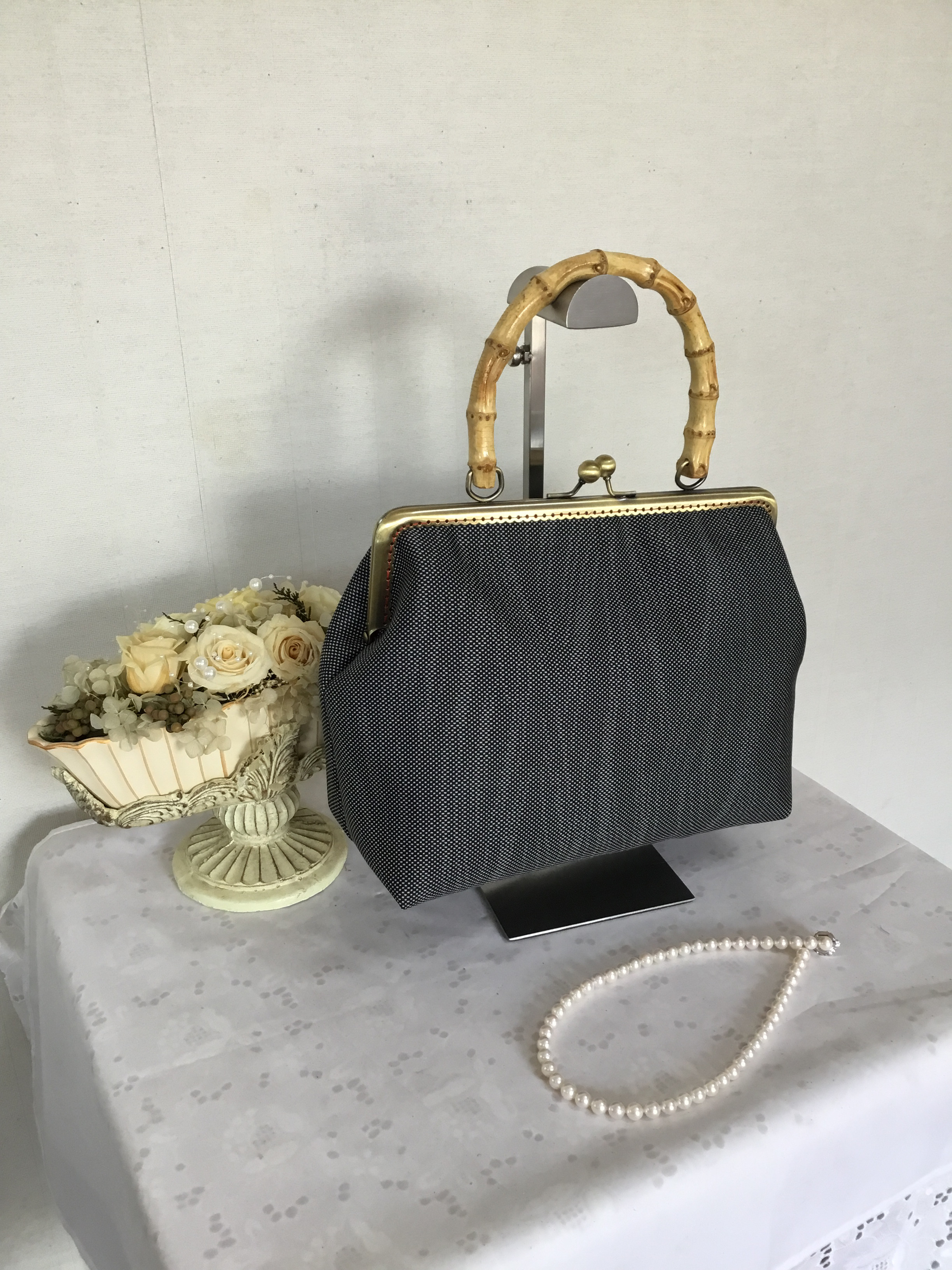 花ぷらら・最後の1点・春のお出かけ・オリジナル・洋服でも着物でも使える・ハンドメイド・大島紬・がま口バック・486