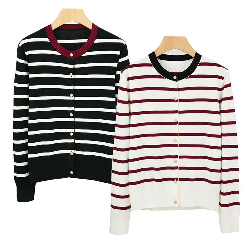 ウール混紡ブレンド糸で編んだ、ベーシックなストライプのカーディガン。メタルボタン4色M-2XLサイズ　L718