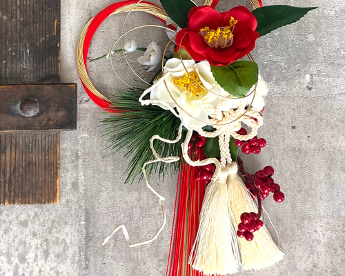 2026新作☆和モダンお正月飾り 金赤水引 紅白椿♪ しめ縄・しめ飾り