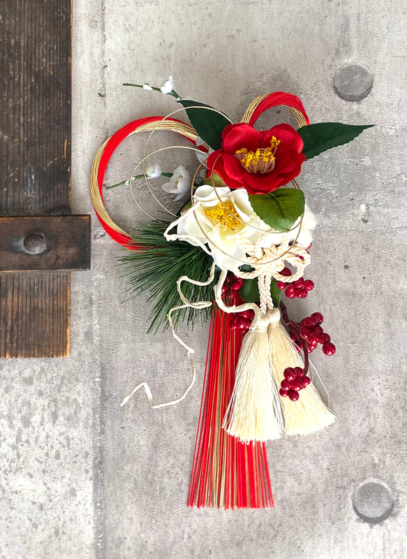 2026新作☆和モダンお正月飾り 金赤水引 紅白椿♪ しめ縄・しめ飾り