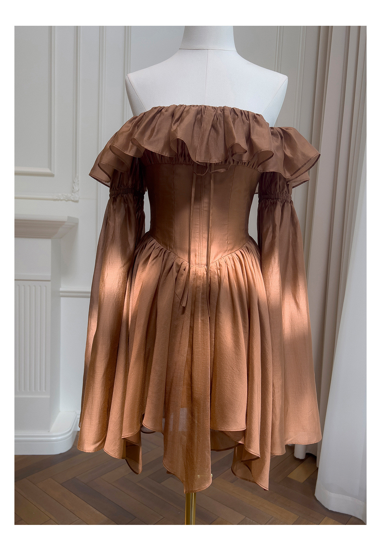 茶色 ショート丈 ウェディングドレス パーティー ワンピース 韓国風 お呼ばれ 二次会 69440｜詳細画像