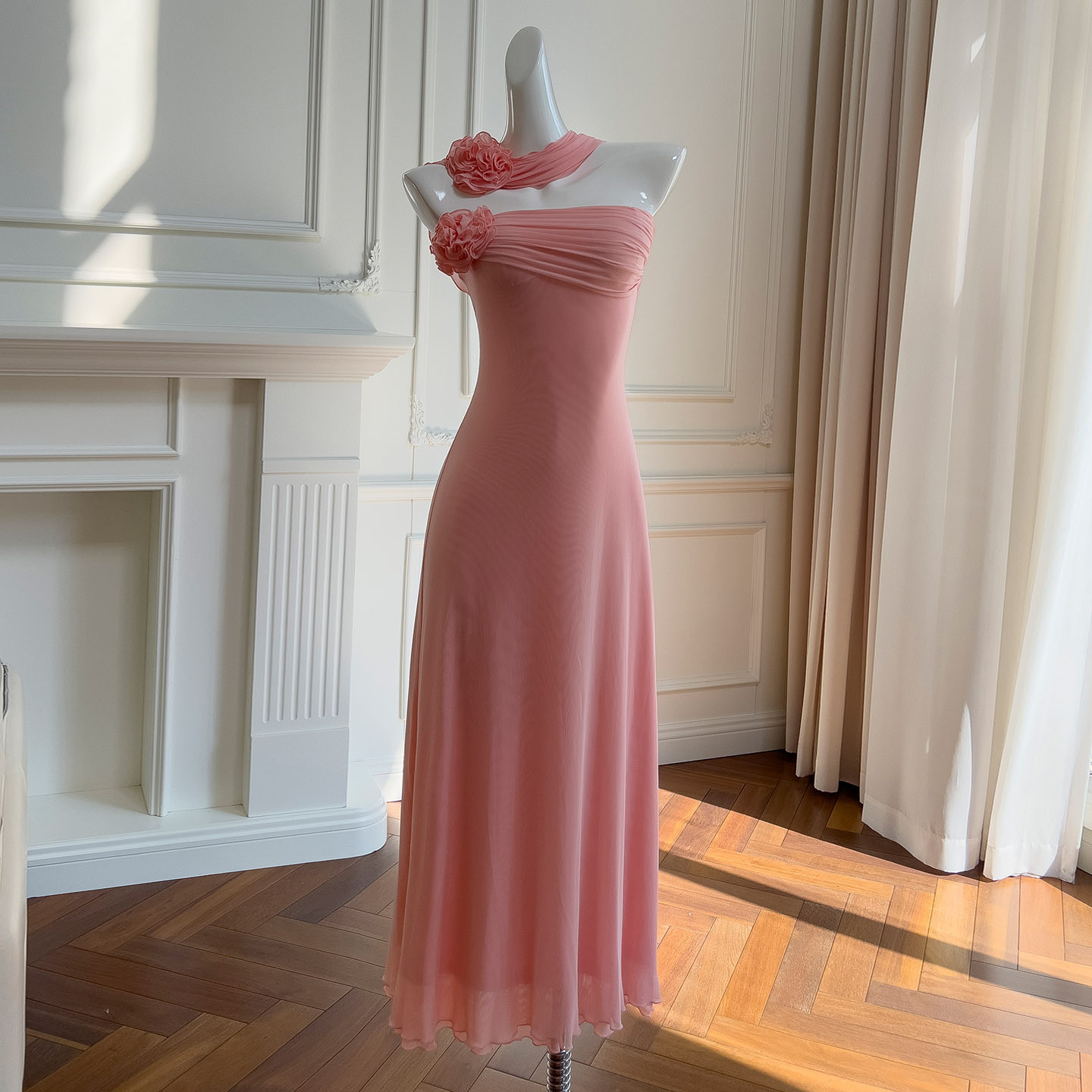 立体花 ロングドレス ウェディングドレス パーティー スリム ピンク ノースリーブ 韓国風 前撮り 二次会 69450
