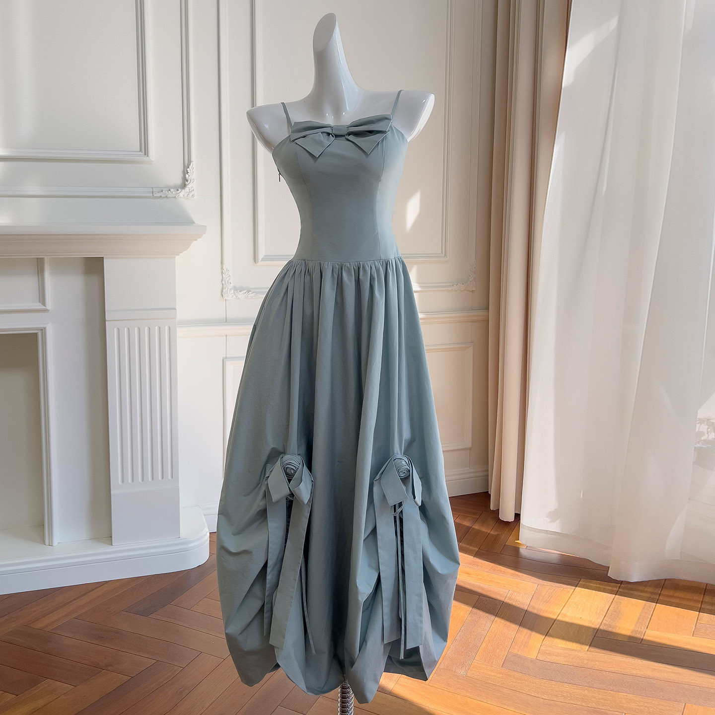 ブルーグレー ロング ウェディングドレス パーティー リボン 綺麗 ノースリーブ 韓国風 前撮り 二次会 69438