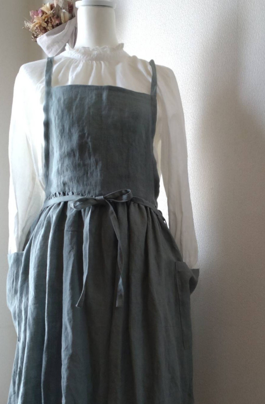 リネン100％☆ギャザーエプロン
