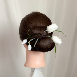 髪飾り　ホワイト　グリーン　チューリップ　かすみ草　水引　金箔　結婚式　前撮り　成人式　卒業式　ウェディング　七五三撮影 5枚目の画像