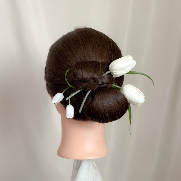 髪飾り　ホワイト　グリーン　チューリップ　かすみ草　水引　金箔　結婚式　前撮り　成人式　卒業式　ウェディング　七五三撮影 5枚目の画像