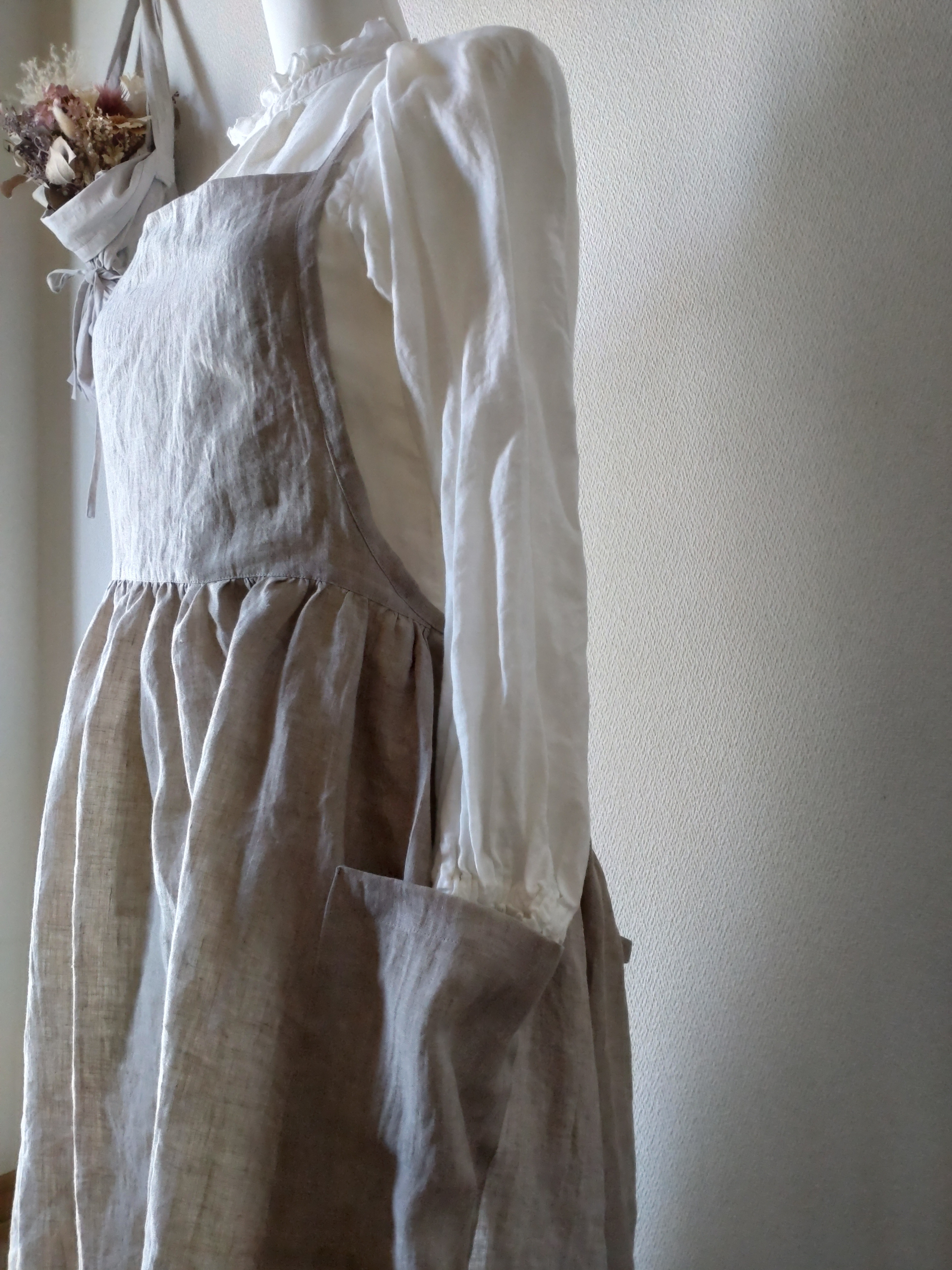 リネン100％☆ギャザーエプロン