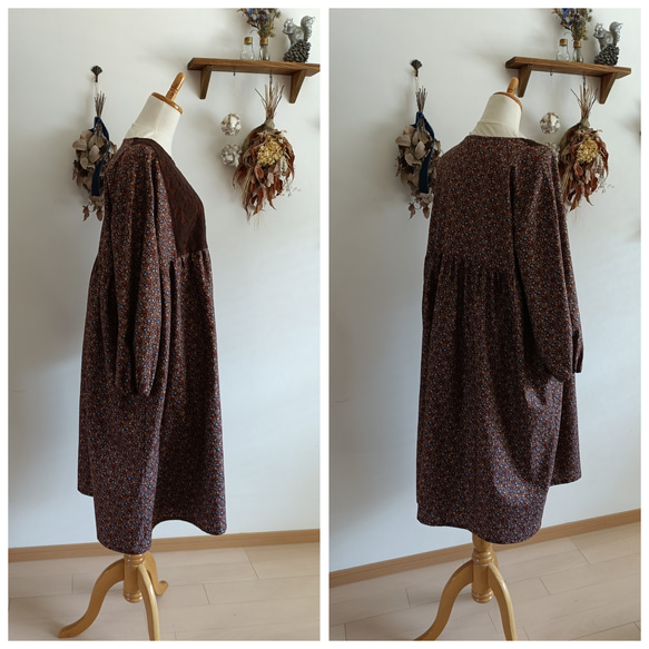 小花柄×レースワンピースブラウン 2枚目の画像