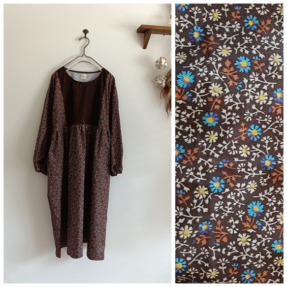 小花柄×レースワンピースブラウン 5枚目の画像