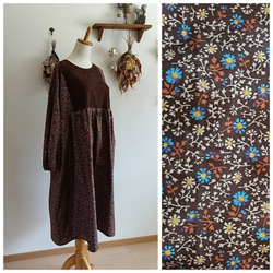 小花柄×レースワンピースブラウン 1枚目の画像