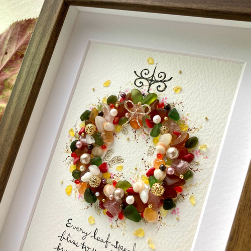 秋色のリース　シーグラス／天然石／原画／花 秋色のリース シーグラス／天然石／原画／花 立体・オブジェ