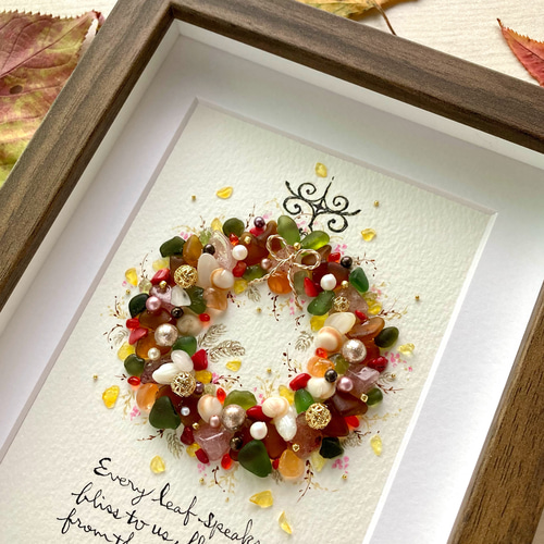 秋色のリース　シーグラス／天然石／原画／花 秋色のリースシーグラス／天然石／原画／花