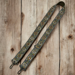 38mm幅・斜め掛け用ショルダーストラップ★アースブラウンベルト+薄ベージュのチュール風にくすみブルーやオレンジ花刺繍 6枚目の画像