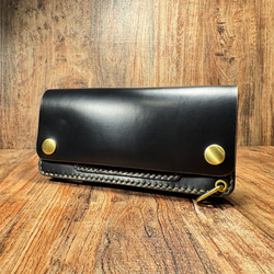 国産ヌメ革・丘染めブラック茶芯｜ショートトラッカーウォレット｜手染め仕上げ 国産ヌメ革・丘染めブラック茶芯｜ショートトラッカーウォレット